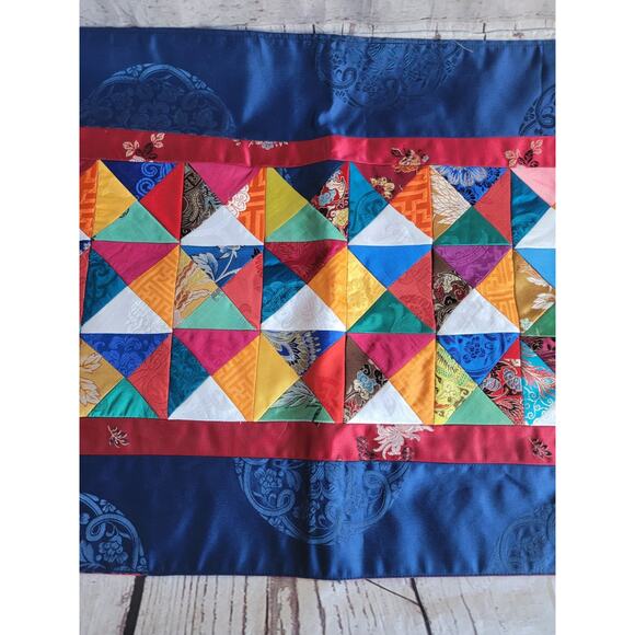 Silk Multi Color Triangle Quilted Table Runner With Fringe Possibly Handmade 36" - Picture 4 of 13